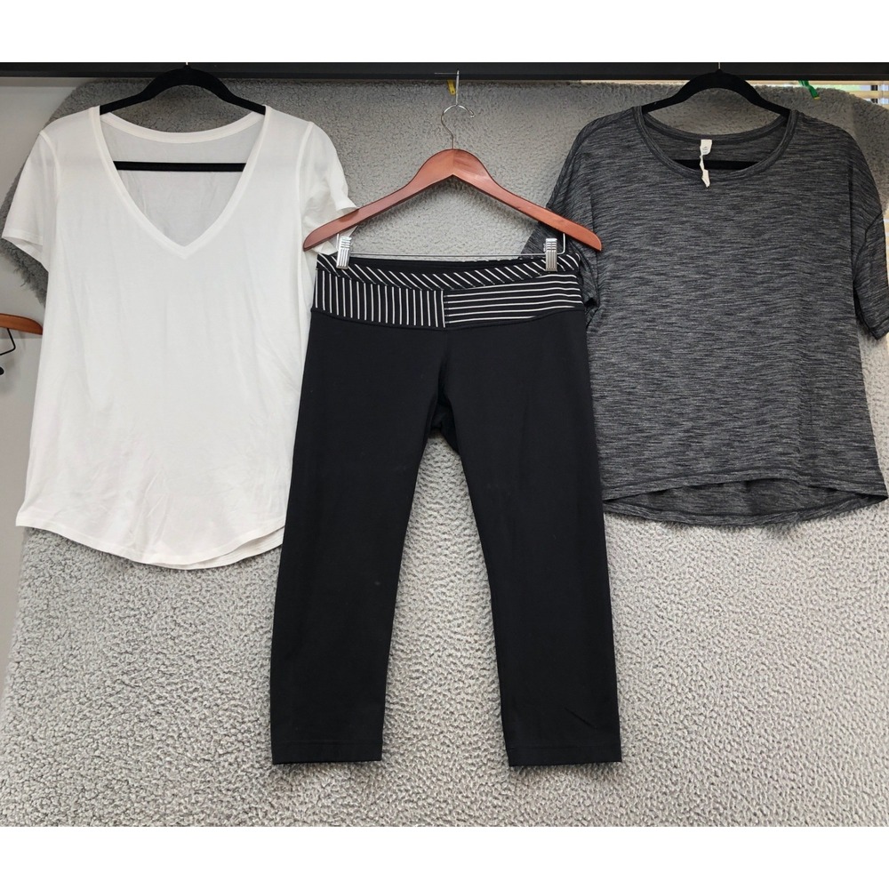 Lululemon Activewear Set Women Size 8 10 White Grey Black Striped Yoga Bundle